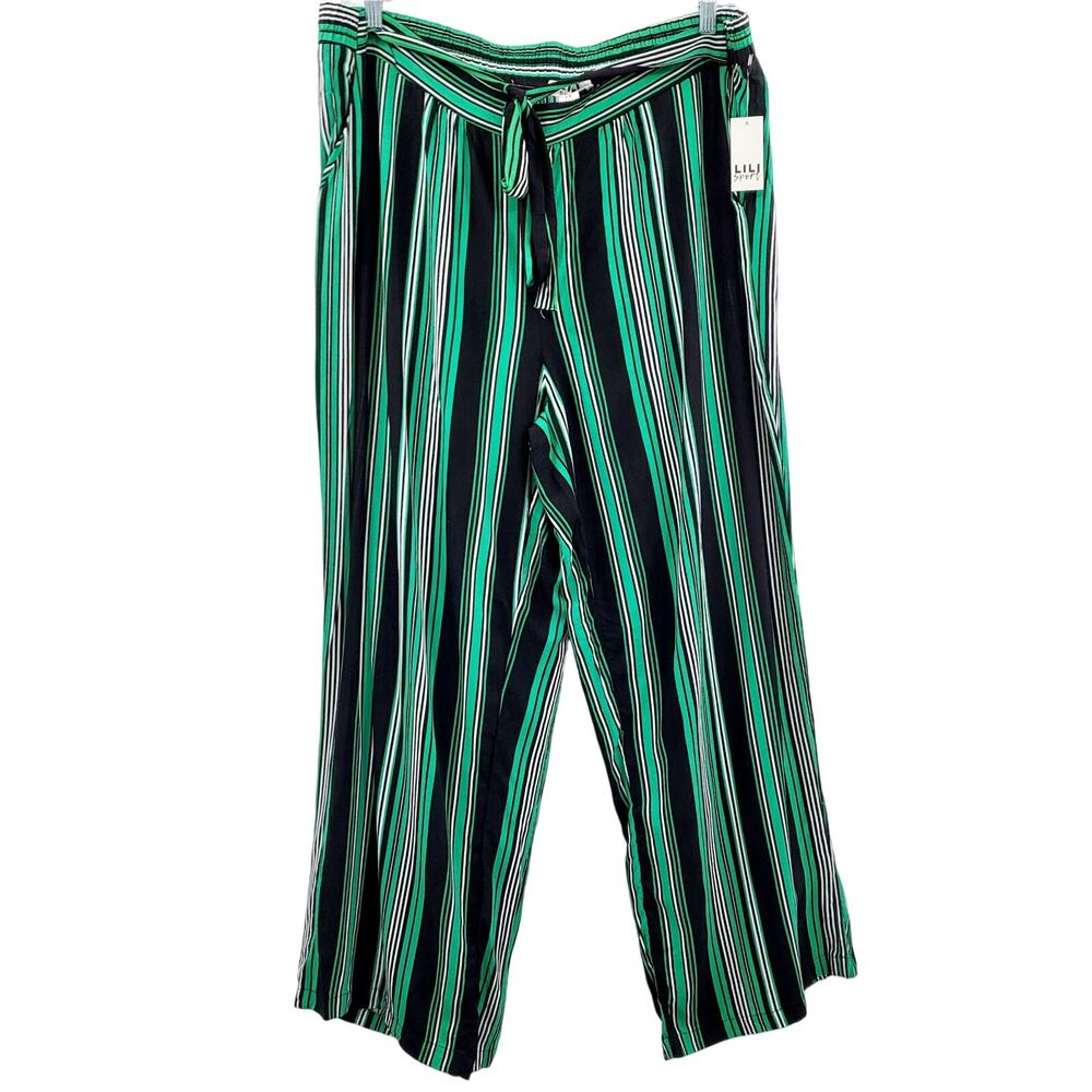 NWT Lili Sport Green Black White Striped Wide Leg Pants Women's Plus Size 2X